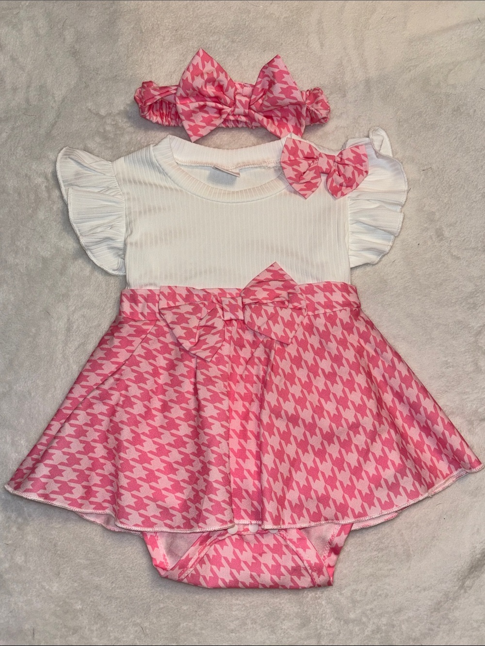 Pink Houndstooth Dress & Headband Set for Baby Girls